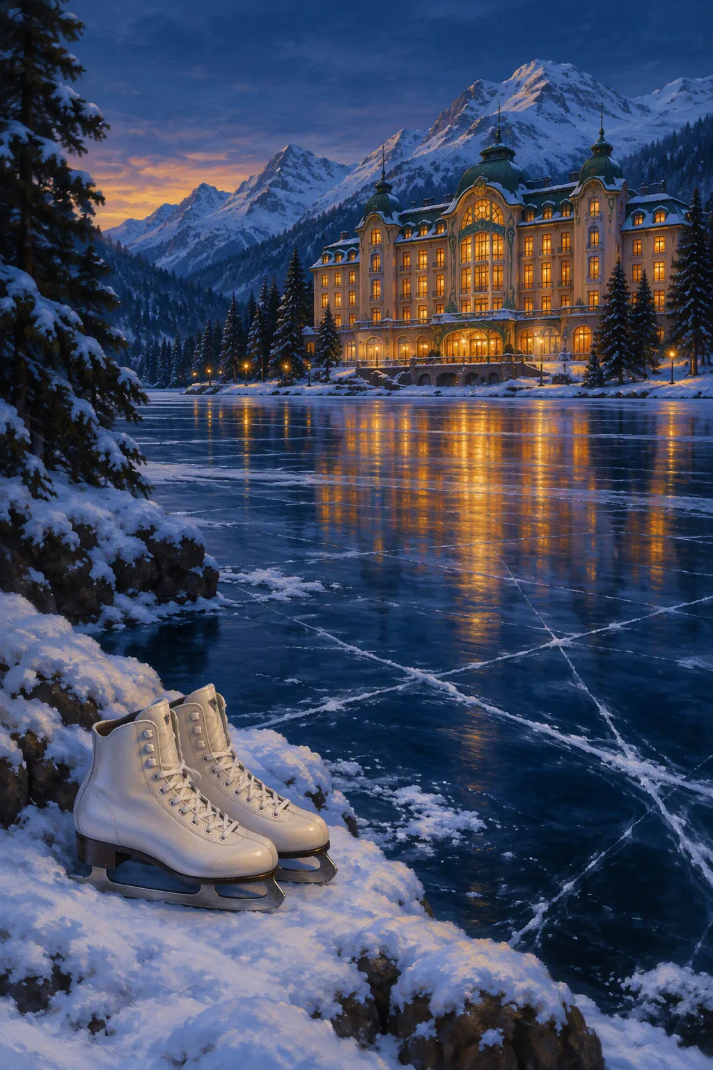 The frozen lake at dusk